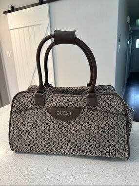GUESS Brown Monogram Travel Tote with Dark Brown Trim